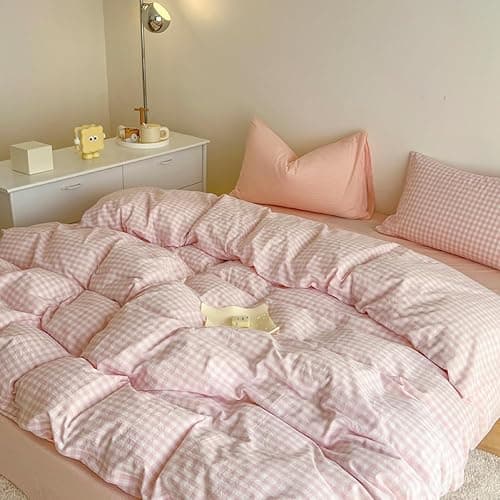 Covebett Duvet Cover Single Pink White Grid Washed Microfiber Bedding Set Cute Girls Women Checked Plaid Quilt Cover 135x200 Zipper Closure and 1 Pillowcase 50x75cm thumbnail 2