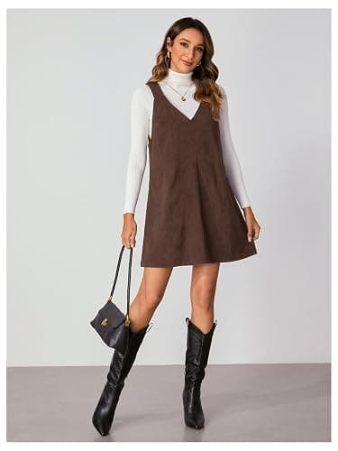 Milumia Women's V Neck Corduroy Overall Dress Mini Pinafore Jumper Dress | 2026 Fall, A Line, Spring, for Ladies, 90s, Going Out, Loose Romper, Casual Short Dresses thumbnail 3