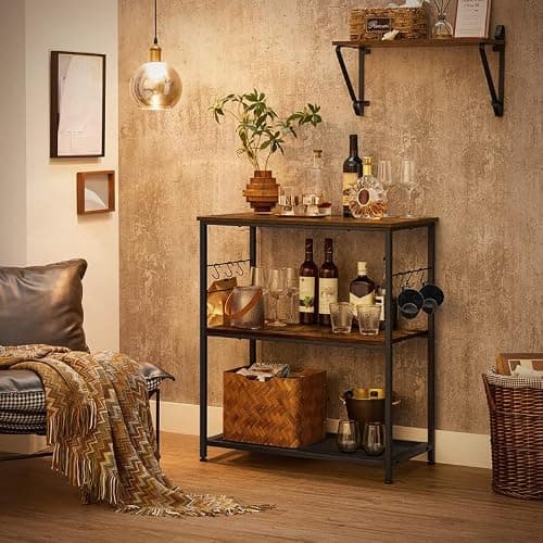 VASAGLE Bakers Rack, Kitchen Shelf, Kitchen Island, Microwave Oven Stand with 3 Open Shelves, 6 Hooks, Metal Frame, 15.7 x 31.5 x 35.4 Inches, Industrial, Rustic Brown and Black UKKI002B01 thumbnail 5