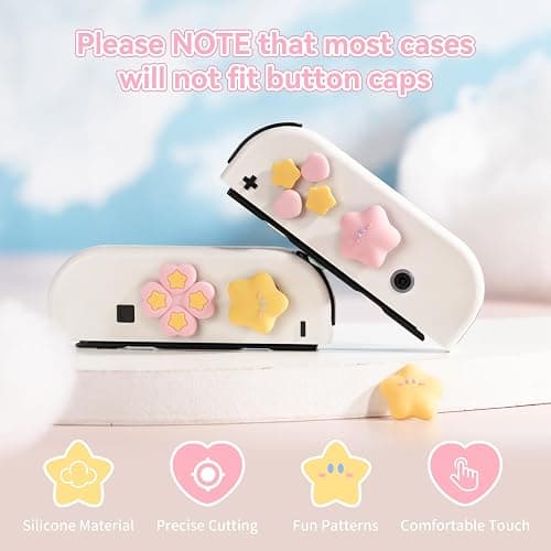 Yocore Cute Switch D-Pad Button Caps Silicone Thumb Grips Set, ABXY Key Buttons Sticker Joystick Cover Caps for Nintendo Switch/OLED - Pink Yellow Stars thumbnail 2