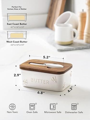 LE TAUCI Butter Dish with Lid for Countertop, Ceramic Butter Container, Embossed Butter Keeper with Acacia Wood lid, Knife, and Airtight Cover, Farmhouse Decor - Set of 1, Arctic White, Bee Pattern thumbnail 3