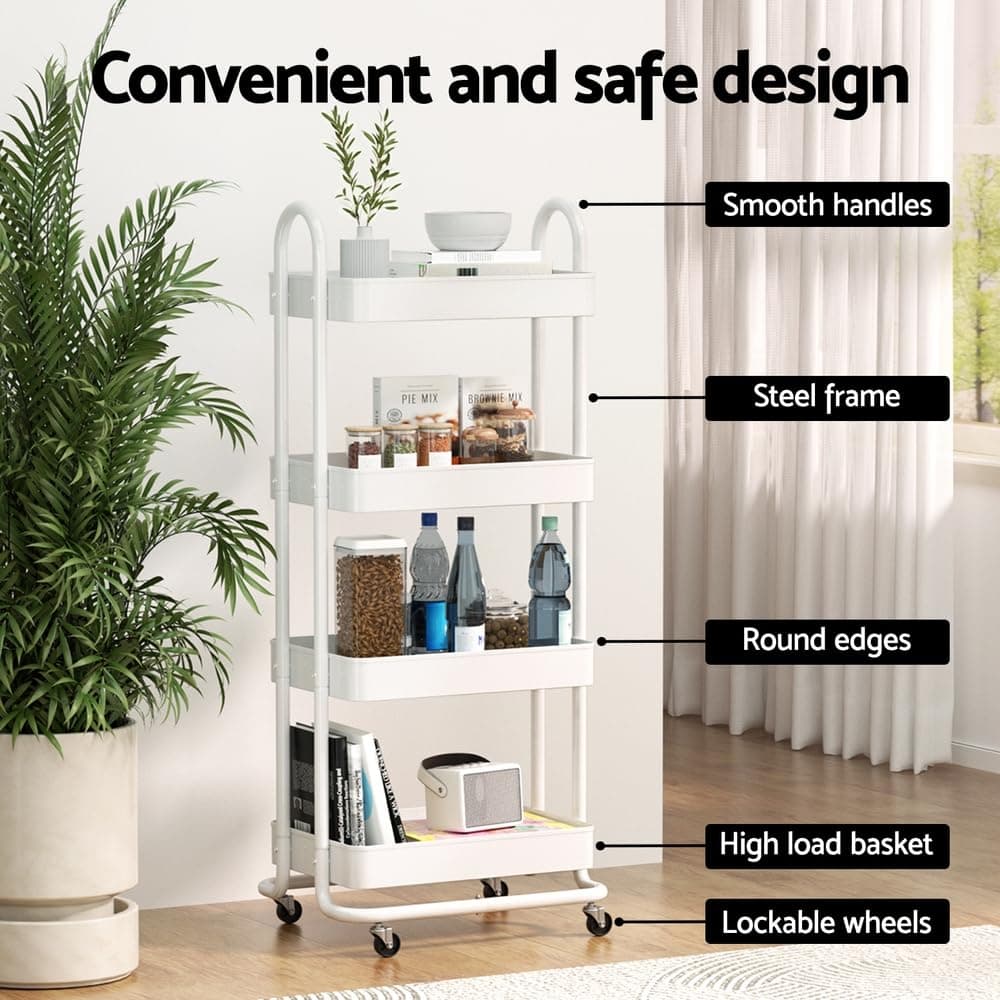 Artiss Storage Trolley Kitchen Cart 4 Tiers Rack Shelf Frame Organiser White thumbnail 5