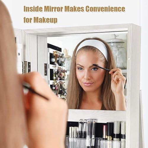 MAT EXPERT 360 Rotating Jewelry Armoire with Mirror, Freestanding Jewelry Storage Mirror w/78 Ring Slots, 24 Necklace Hooks, 120 Earring Slots, Lockable Jewelry Organizer for Makeup (White) thumbnail 7