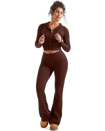SUUKSESS Women 2 Piece Knit Sets Cropped Zip Up Hoodie Foldover Flare Leg Pants thumbnail 2