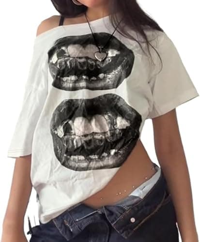 Pinclodly Off The Shoulder Tops for Women Short Sleeve Y2K Jersey Number Graphic Oversized Tshirts E-Girl Tees - Image 1