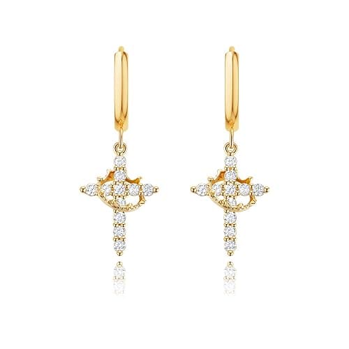 Robaice Gold Crown Cross Earrings for Women - 14K Gold Plated Huggie Hoop Earrings with CZ Diamond Cross Charm Dangle, Religious Christian Jewelry Gifts for Her thumbnail 8