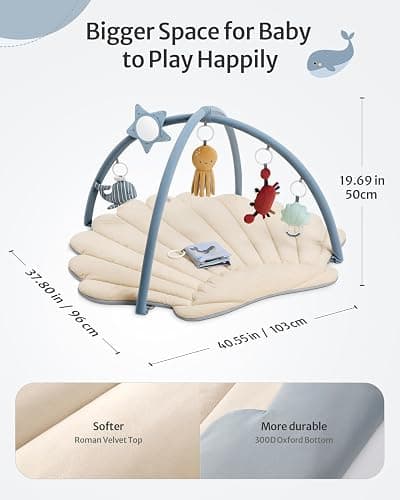 Blissful Diary Shell Baby Play Gym Mat, Softer & Enlarged Tummy Time Mat w 6 Detachable Toys for Sensory & Motor Skill Development, Activity Mat for Newborn Essentials Shower Gift, Boho Ocean Theme thumbnail 3