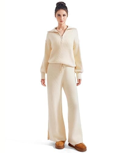 SUUKSESS Women 2 Piece Lounge Sets Oversized Quarter Zip Pullover Wide Leg Pants - Image 1