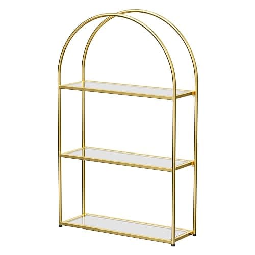 Crofy Gold Arched Frame Wall Shelf, Decorative 3 Tier Bathroom Wall Shelf with Transparent Tempered Glass Shelves and Robust Storage Capacity, 6" D x 17.9" W x 28.57" H - Image 1
