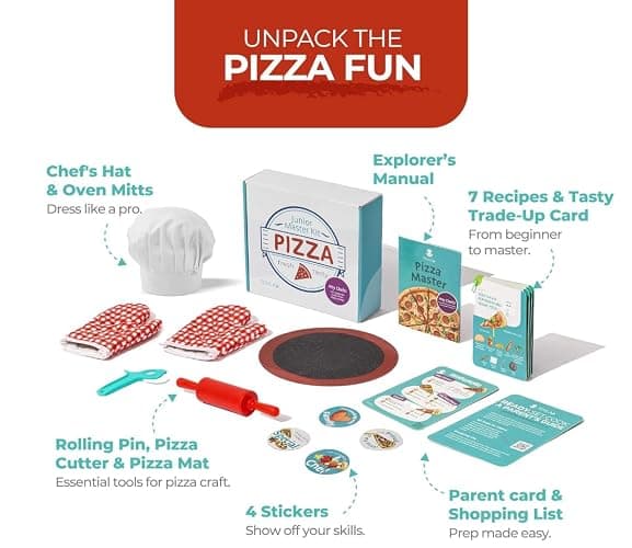 Tovla Jr. Kids Pizza Making Kit | Real Reusable Chef Tools | Ages 5-12 | Silicone Baking Mat Rolling Pin Pizza Cutter | Oven Mitts Chef Hat | 7 Visual Recipe Cards | Family Fun Birthday Gift thumbnail 3