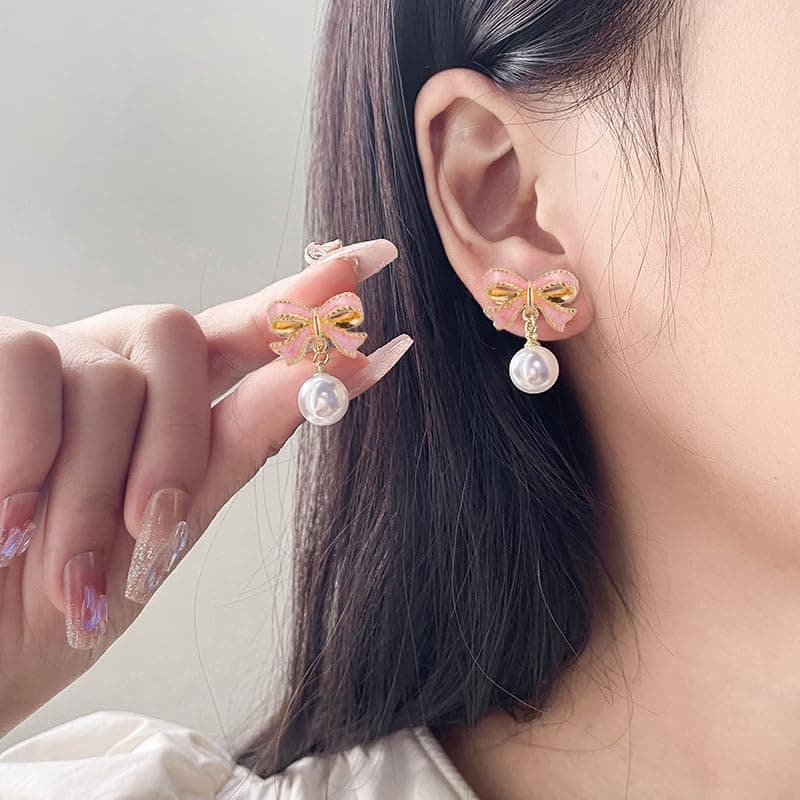Gold Pearl Bow Earrings For Women Trendy Pink Coquette Drop Stud Ribbon Silver Earrings Dangle Jewelry - Unique Gifts For Wife Valentines Day Preppy Cute Teen Girls Accessories 2024 - pink gold thumbnail 3