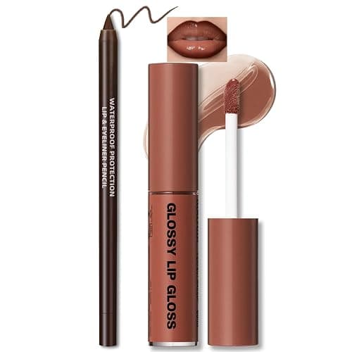 HOSAILY Nourishing Lip Gloss with Brown Lip Liner Lip Combo Set, Moisturizing High Shine Nude Lip Glow Oil Fresh Lightweight Glossy Plumping Lip Gloss for Women Long Wear Mini Liquid Lipstick Makeup#8 - Image 1