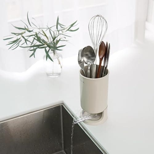 carrotez Utensil Drying Holder for Kitchen Counter, Self Draining, Small Utensil Cutlery Flatware Silverware Holder Drainer Cup, Beige, 1 ea thumbnail 7