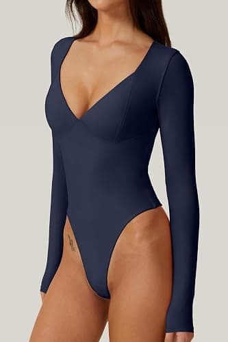 QINSEN Women's Long Sleeve Bodysuit V Neck Body Suits Seamed Cup Going Out Tops Shirt thumbnail 2