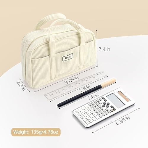 Sooez Large Pencil Case Pouch, Extra Big Pencil Bag with 5 Compartments, Pen Bag Wide Opening, Soft Corduroy Pencil Pouch Organizer with Zipper, Cute Aesthetic School Supplies for Teen Girls-Beige thumbnail 7