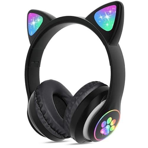 TCJJ Bluetooth 6.0 Cat Ear Kids Headphones for Girls, LED Light Up, 85dB Safe Volume Limit, Stereo Sound Toddler Foldable Wireless & 3.5mm Wired Headset with Mic for School, Tablet, Travel - Image 1