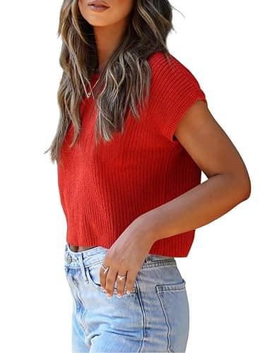 LCXWFE Womens Summer Cropped Sweater Vest Trendy Cap Sleeve Crop Tops Crew Neck Loose Knit Tank Top thumbnail 3