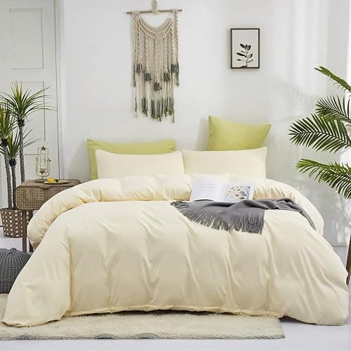 KAREVER Light Yellow Comforter Set Queen Off White Bedding Set Men Beige Breathable Ivory Bedding Set Women Soft Off White Queen Ivory Bedding Comforter Set Queen thumbnail 3