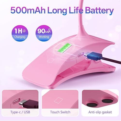 AORAEM UV Nail Lamp Rechargeable Gooseneck UV Light for Gel Nails Touch Flash Cure Lamp Nail Dryer with Clamp, Portable LED Gel Light 3 Level Timing Home Professional DIY Manicure Salon (Pink) thumbnail 2