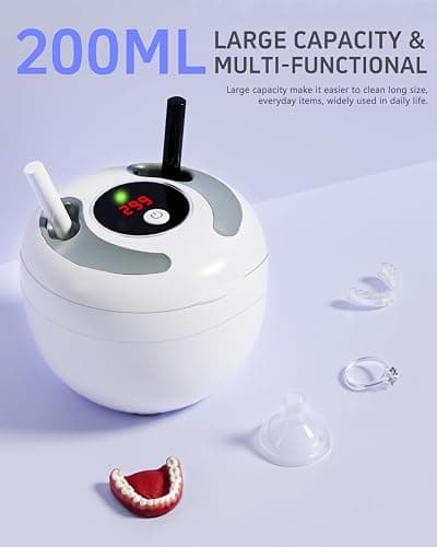 Dental Ultrasonic Retainer Cleaner Machine 45kHz, UV Denture Cleaner with 4 Modes Digital Timer, Portable 200ML UltraSonic Cleaning Pod for Night Mouth Guard, Aligner, Braces, Jewelry and More-White thumbnail 6