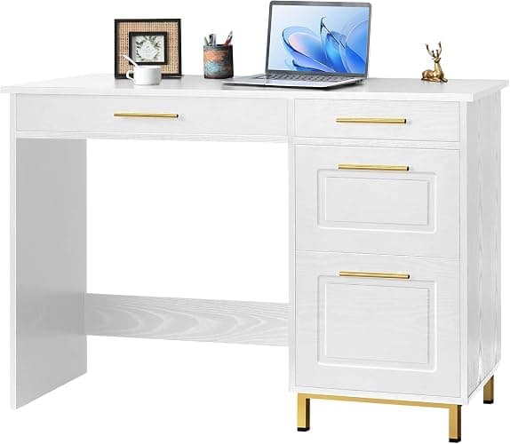 4 EVER WINNER White Desk with Drawers and Golden Handles, 43" Home Office Desks with Drawers, Computer Wrighting Table with Storage for Bedroom, White and Gold Desk thumbnail 6