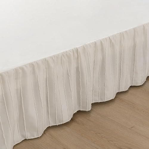 Striped Tufted Bed Skirt Twin Size, Ruffled Bed Skirt with Split Corners, Twin Bed Skirts 18 Inch Drop, Ivory, 18" Twin thumbnail 4