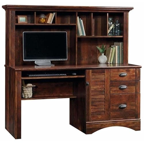 Pemberly Row Computer Desk and Hutch with CPU Storage and Keyboard Drawer, Curado Cherry - Image 1