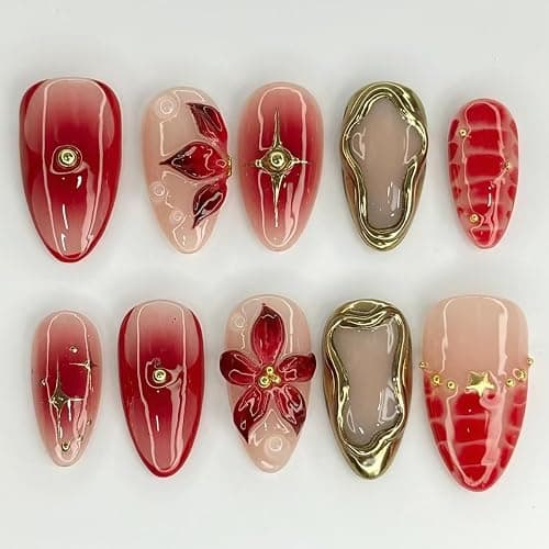 MouyouGlow Press on Nails Kurz,Almond Rot French 3D Blumen Floral Bubbles Gold Aura Striped Sterne Design Mandel Y2k Fake Nails mit Nagelkleber,Red Flowers Sweet Star INS Künstliche Fingernägel - Image 1
