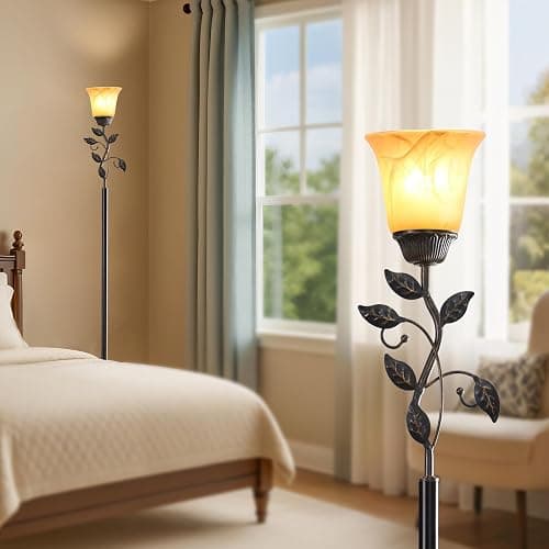 RORIANO 72” Flower Farmhouse Leaf Floor Lamp for Living Room | Rustic Tall Standing Lamp with Amber Glass Shade and Traditional Foot Switch for Bedroom, Corner, Office, Bulb Included thumbnail 2