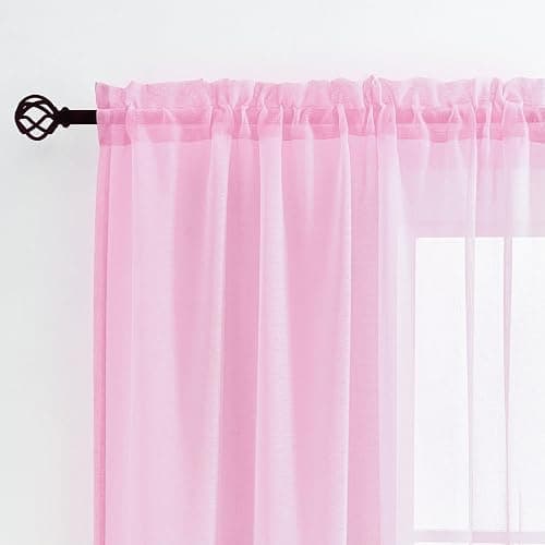 MYSTIC-HOME Sheer Curtains Pink 63 Inch Length, Rod Pocket Voile Drapes for Living Room, Bedroom, Window Treatments Semi Crinkle Curtain Panels for Yard, Patio, Villa, Parlor, Set of 2, 52"x 63" - Image 1