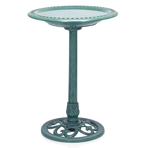 Alpine Corporation TEC116 Outdoor Aged Green Pedestal Birdbath with Scrollwork, 28" Tall, Green - Image 1