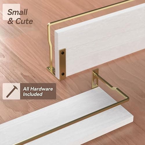 RICHER HOUSE Bathroom Shelves, Small Floating Wall Shelf for Bathroom Decor, Wall Mounted Wood Shelves, Bathroom Organizer Over Toilet Storage, Guard-Rail Kitchen Shelves Set of 2 - White Gold thumbnail 4