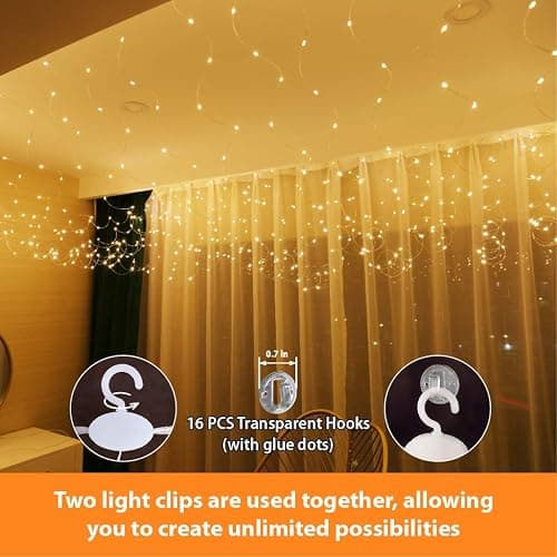 HXWEIYE 300LED Fairy Curtain Lights, 9.8x9.8Ft USB, Remote & 8 Modes | Timer, Dimmable, String Lights for Bedroom Indoor Outdoor Weddings Parties and Decorations, Warm White thumbnail 4