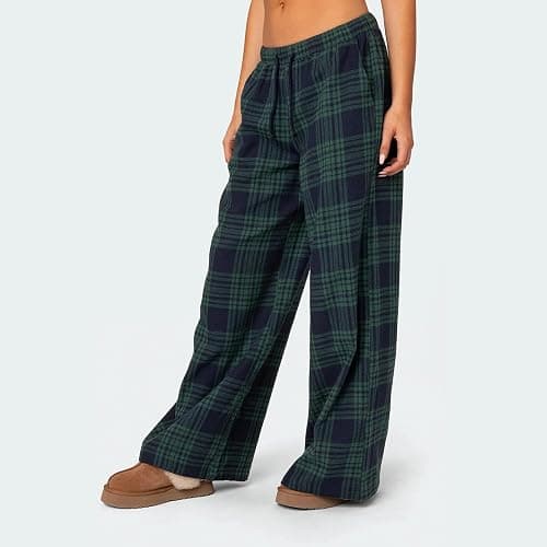 Women's Plaid Pajama Pants Low Rise Gingham Lounge Pants Plaid Pj Pants Sleep Bottoms Wide Leg Trousers Streetwear - Baggy Blue - Small thumbnail 4