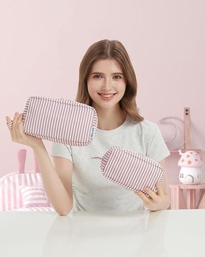 Narwey Cute Stripe Small Makeup Bag for Purse Make Up Bags Women with Comparments Travel Mini Cosmetic Bag Organizer Zipper Pouch for Teen Girls (Dusty Rose Stripe, Small) thumbnail 2