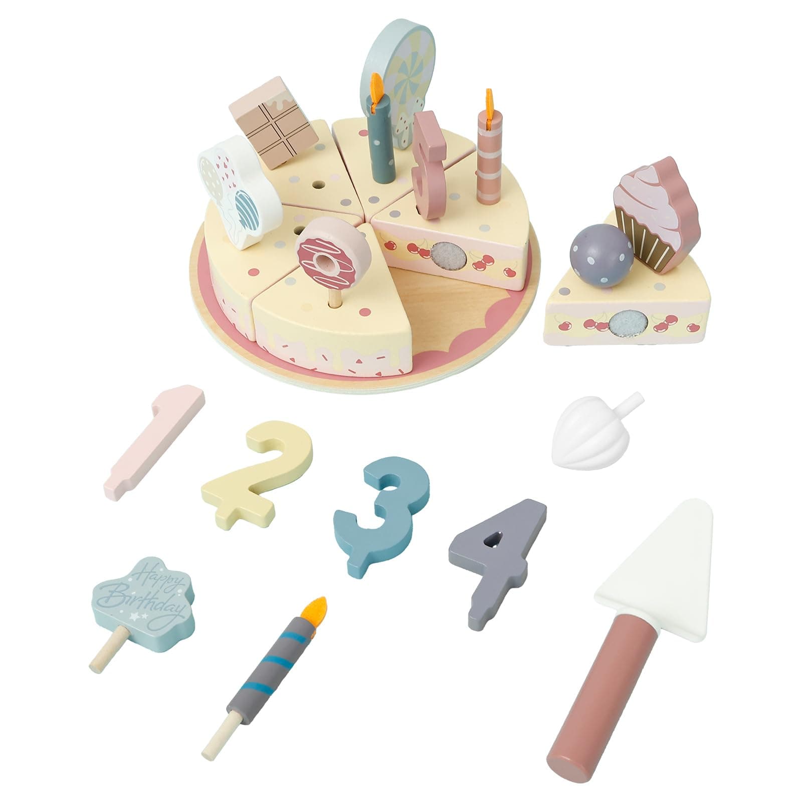 Wooden Birthday Cake Toy, Cutting Cake Play Toy Playset Safe Party Cake Pretend Toy Play Food Set with Candle and Numbers for Boys Girls Kids (Pink) thumbnail 8