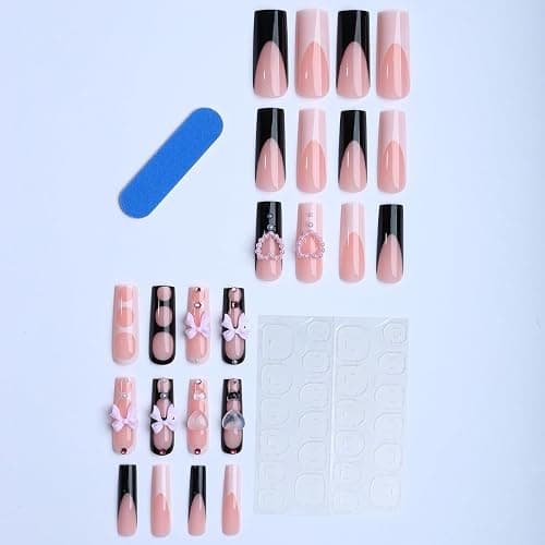 plalely Square Press on Nails Long Black and White Fake Nail Pink Bow with Heart Shape Water Drop Acrylic Nail Press ons Glossy Rhinestones Stick on Nail for Women 24pcs thumbnail 3