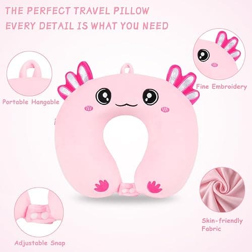 Travel Pillow, Kids Travel Pillow with Sleep Eye Mask Soft Memory Foam Kids Neck Pillow for Boys & Girls, Travel Accessories for Car Airplane Traveling - Axolotl thumbnail 5