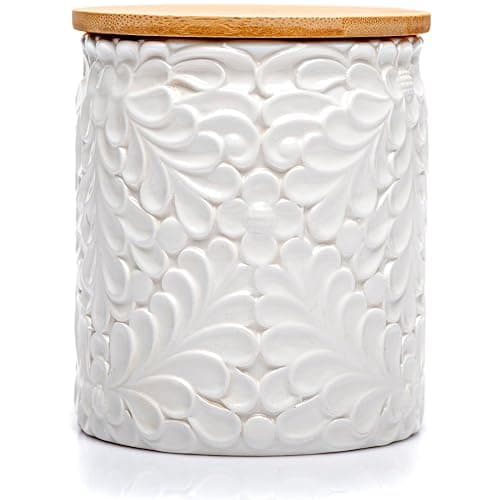 Small Engraved Ceramic Kitchen Canister - Storage Jars with Airtight Lids Made from Bamboo with Nature-Inspired Engraving - Use as a Pasta Holder, Coffee Ground Holder, Rice Container - 30 Ounces - Image 1