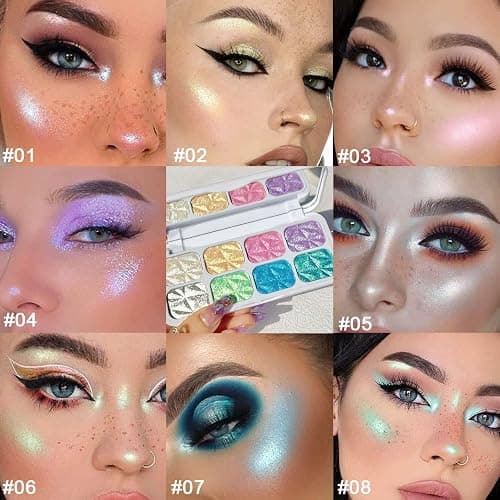 8 Color Face Cheek Highlighter Makeup Palette Shimmer Glitter Iridescent Multichrome Holographic Eyeshadow Palette Purple Rainbow Glitter Highlighter Makeup Highlight and Contour Chrome Eye Make up thumbnail 3