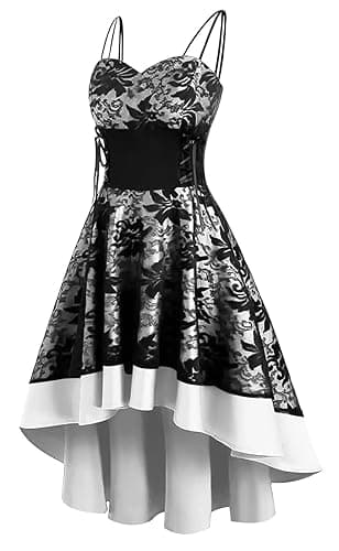 Women’s Vintage Steampunk Dress Spaghetti Strap Bandage Dresses Floral Lace High Low Dress Lolita Halloween Costumes - Small - A-white