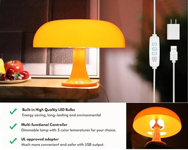 UEHICT Orange Mushroom Lamp, Mushroom Shaped Donut Lamp with 3 Lighting Modes, 70s Retro Mid Century Modern Light for Bedroom, Dimmable Funky Unique Light Cool Home Decor Aesthetic thumbnail 5