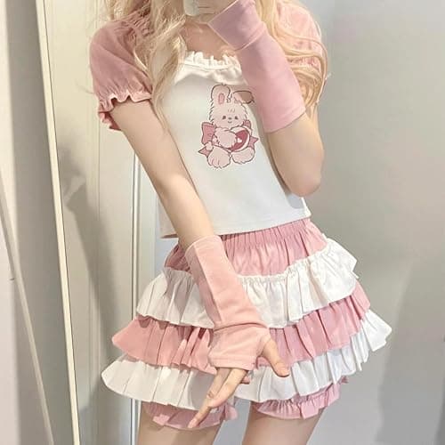 RILGOU Kawaii Harajuku Fashion Lolita Gothic Clothes Elastic Waist Color Blocking Cute Lace Trim Tiered Short Skirt thumbnail 5
