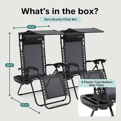 Zero Gravity Lounge Chair, Adjustable Steel Mesh Recliners, with Canopy, Removable Pillows and Cup Holder Side Tables, Set of 2, Black thumbnail 2