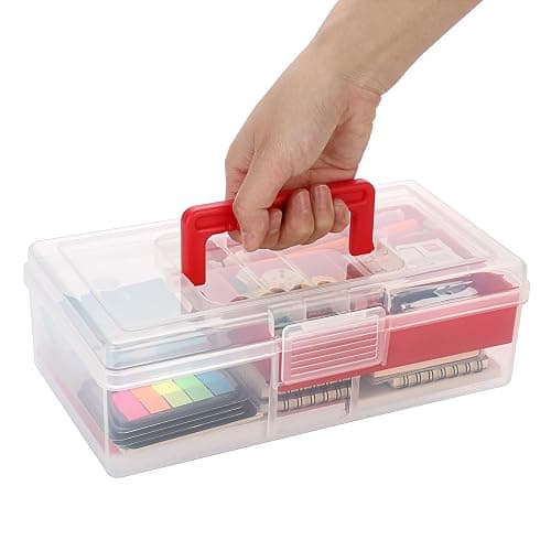 BTSKY 2 PCS Clear Plastic Storage Box with Removable Tray Multipurpose Stationery Storage Box with Handle Handy Sewing Box Art Craft Supply Organizer Home Utility Box (Red) thumbnail 4