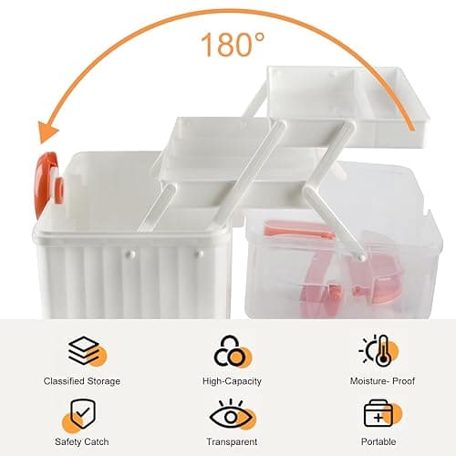 MC MEICHUANG Plastic Family First Box Aid, 3 Layers Portable Medicine Storage Container, Empty Emergency Medical Organizer with Handle for Family, Office and Travel (White-Orange-Clear) - White-Orange-Clear thumbnail 3