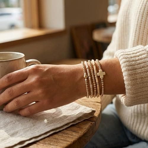 EQUBIO Gold Beaded Cross Bracelet for Women, 14K Plated Adjustable Stackable Dainty Bracelets, Non Tarnish Fashion Jewelry Set Gifts for Women Birthday Friendship thumbnail 7