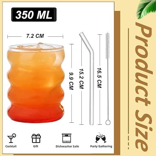 ALINK 350 ML gerippte trinkgläser Set of 2 with Glass Straws, bubble gläser, wave gläser, Wassergläser,Longdrinkgläser,Trinkgläser,Cocktail Gläser for Milk,Soda thumbnail 3