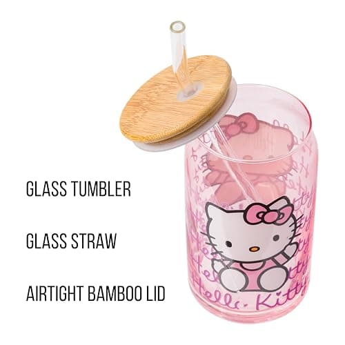 Silver Buffalo Sanrio Hello Kitty Waving Pink Glass Jar Tumbler with Bamboo Lid and Glass Straw, 16 Ounces thumbnail 4