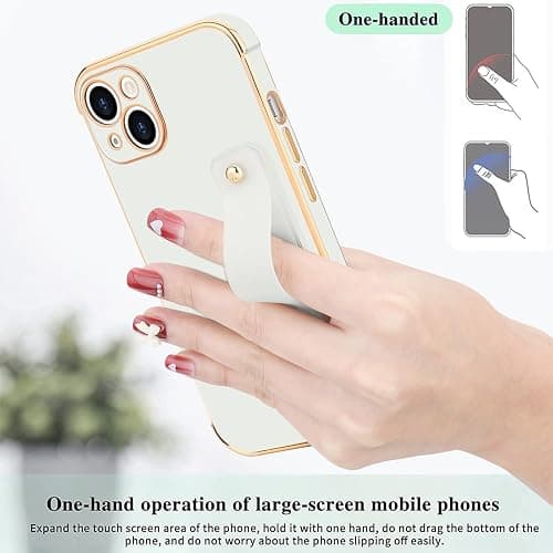 LLZ.COQUE for iPhone 15 Case with Strap Stand, White | Bling Luxury Cover, Cute Heart Design for Women Girls, Adjustable Hand Strap Stand, Shockproof Bumper Protection Phone Case thumbnail 4